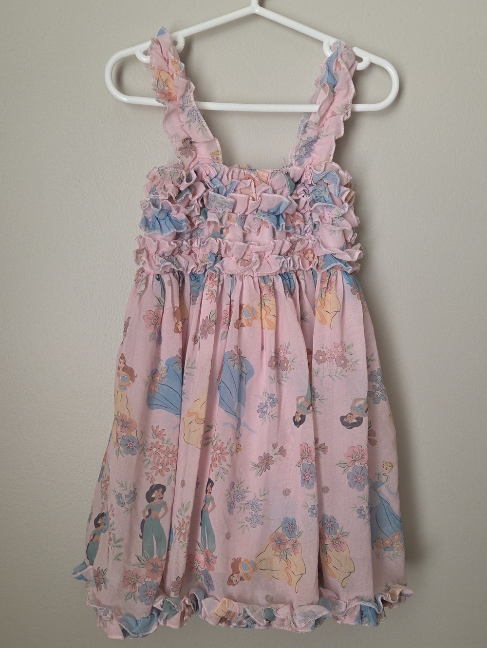 Disney Pink Ruffle Princess Print Sundress with Blue Accents